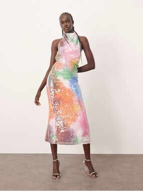 ARRANGE embellished draped halter column maxi dress in abstract sequin NWT | 12
